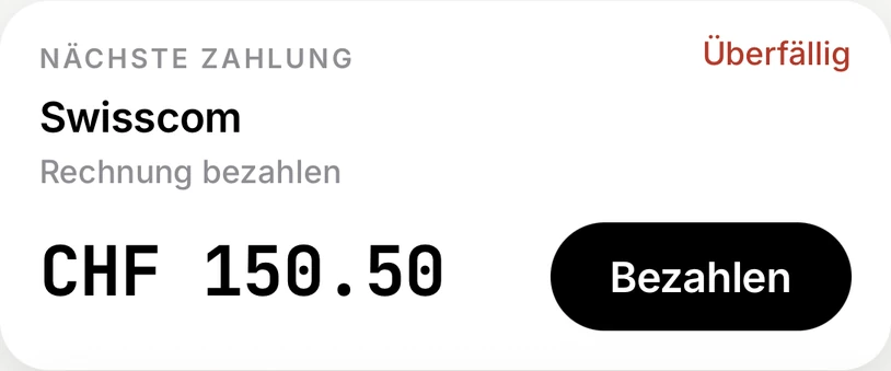 Nächste Zahlung: Swisscom, CHF 150.50