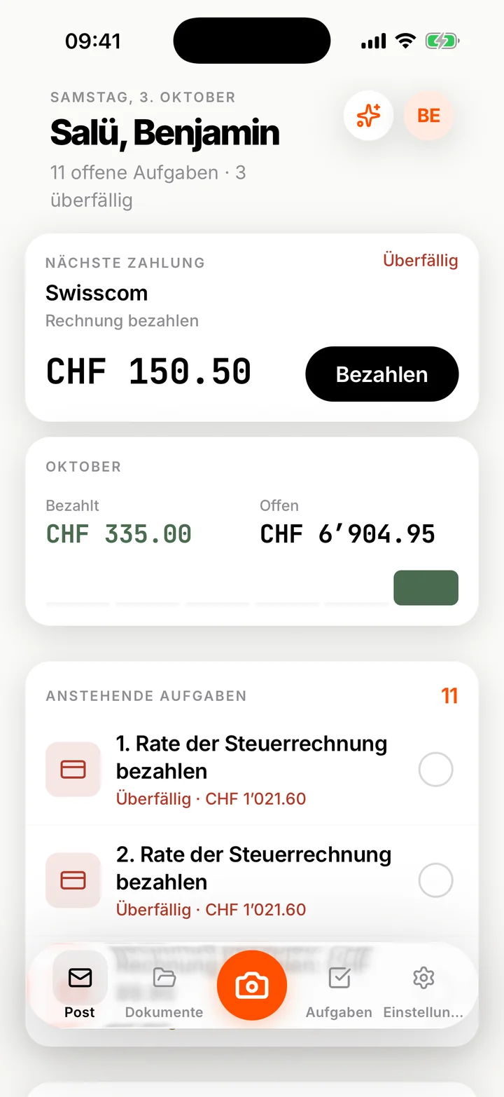 Sortio Startseite mit nächster Zahlung, Monatsübersicht und anstehenden Aufgaben